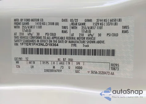 2022 Ford Ranger Xlt из США, поврежденный, VIN 1FTER1FH3NLD19364